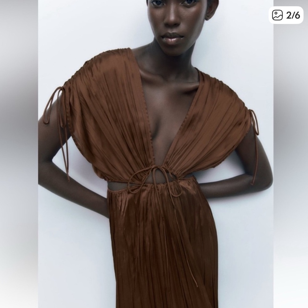 Zara satin effect pleated cut out brown dress